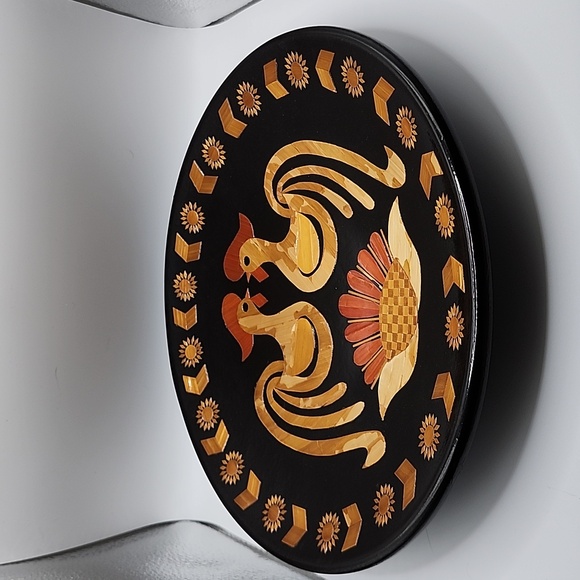 Vintage Russian Rooster Straw Folk Art Lacquer Wood Inlay Plate Made in USSR - Picture 2 of 6